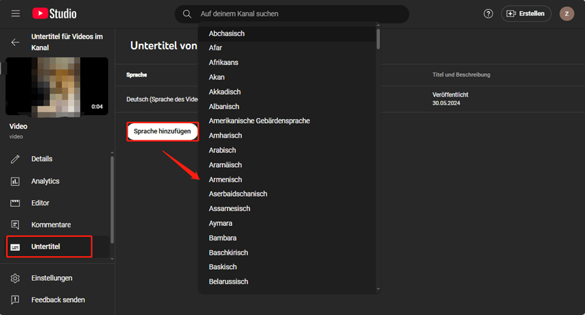 Klicken Sie auf Sprache hinzufügen und wählen Sie die gewünschte Sprache aus