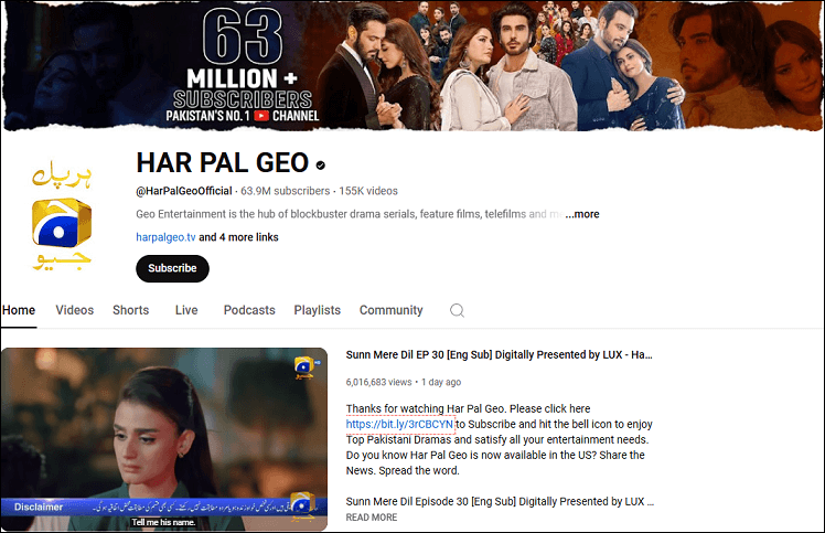 The channel homepage of HAR PAL GEO on YouTube