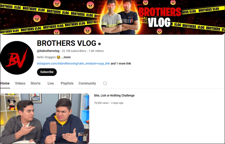 The channel homepage of BROTHERS VLOG on YouTube