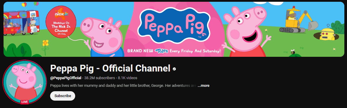 The channel page of Peppa Pig Official Channel