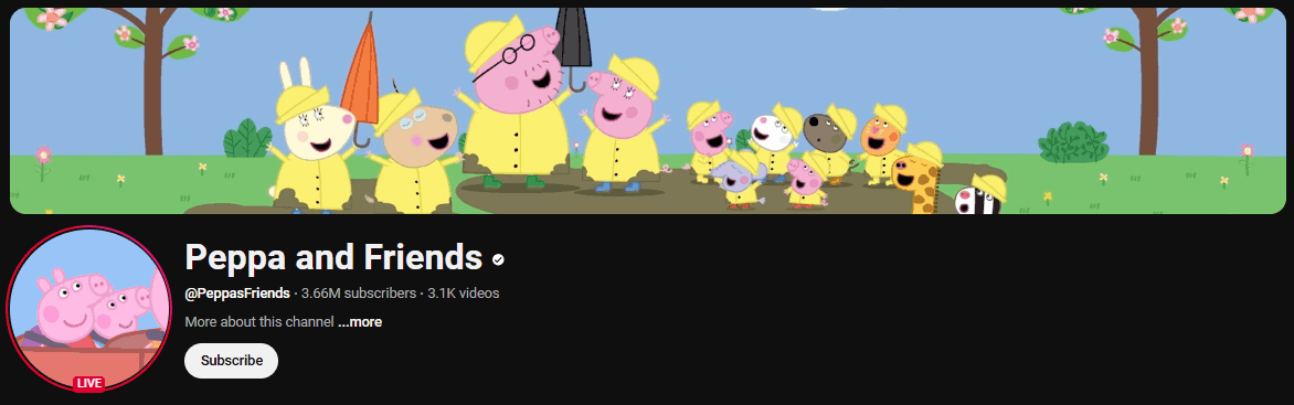 The channel page of Peppa and Friends