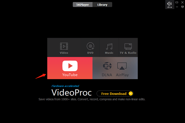 Click the YouTube button to enter the video download page in 5KPlayer