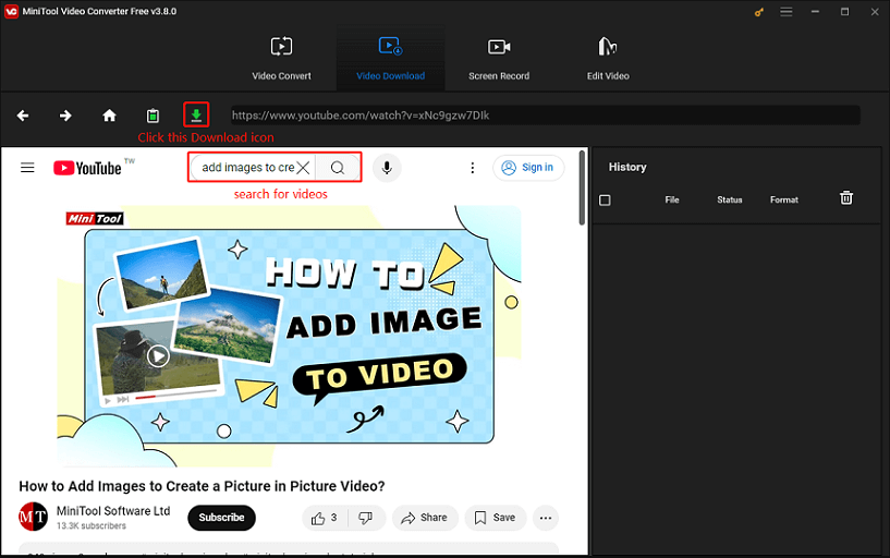 Search for videos and click on the Download icon in MiniTool Video Converter