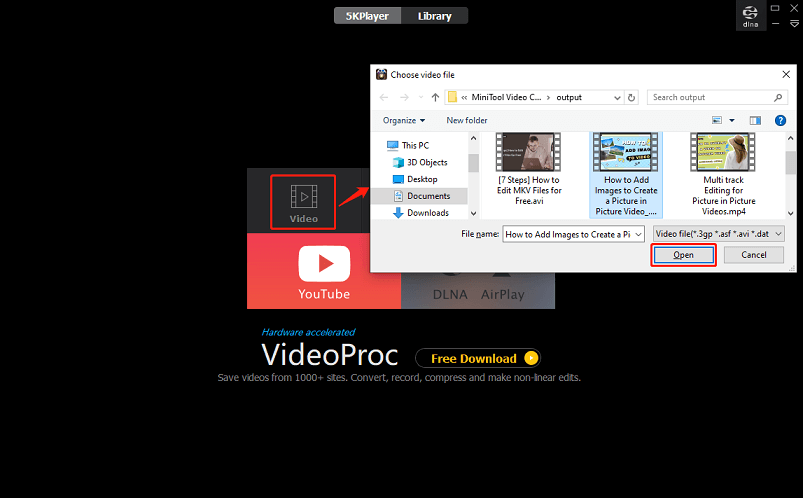 Click the Video button and click on open to import the downloaded YouTube video