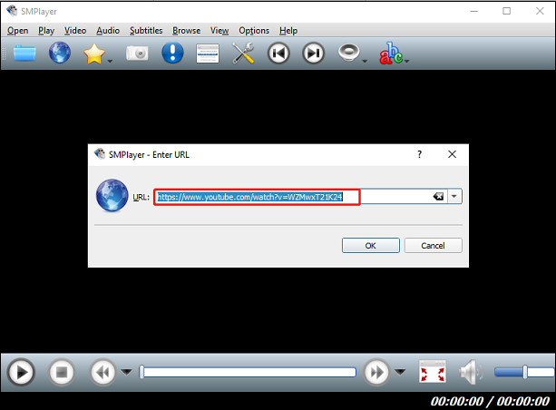 Paste the YouTube video URL into the Enter URL box in SMPlayer