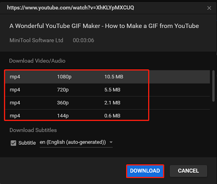 Select the output format and quality and click on DOWNLOAD in MiniTool Video Converter