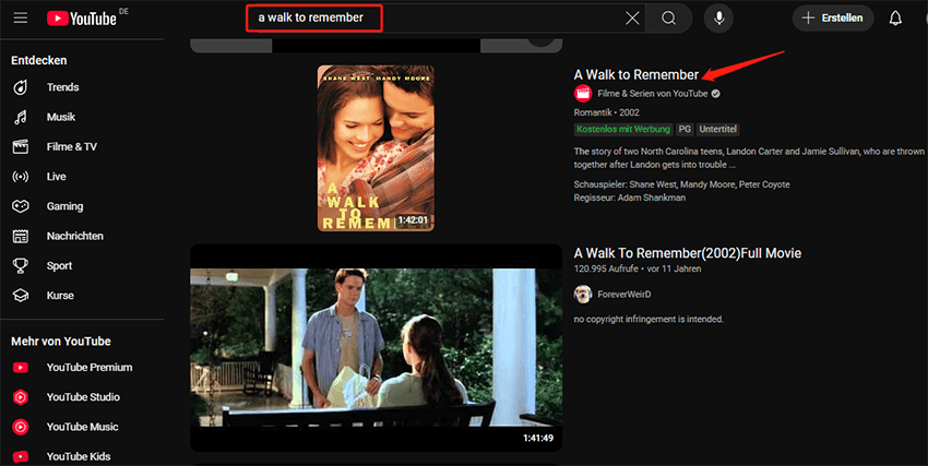 Alternativ können Sie auch den Namen des romantischen Films in die Suchleiste eingeben