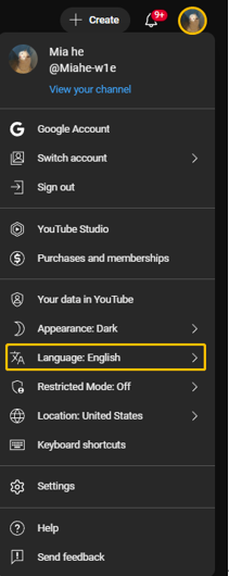 Click your profile avatar and select Language from the drop-down menu