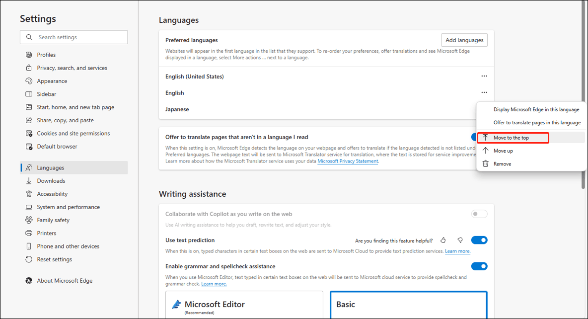 Click the three-dot icon next to the language option and choose Move to the top