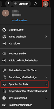 Klicken Sie auf Ihr Profilbild und wählen Sie Sprache aus dem Dropdown-Menü.