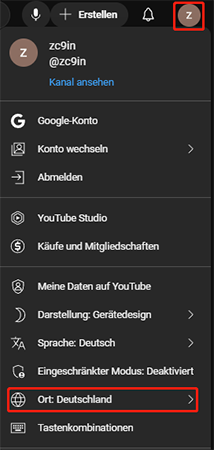 Klicken Sie auf Ihr Profilbild und wählen Sie die Option Ort aus dem Dropdown-Menü