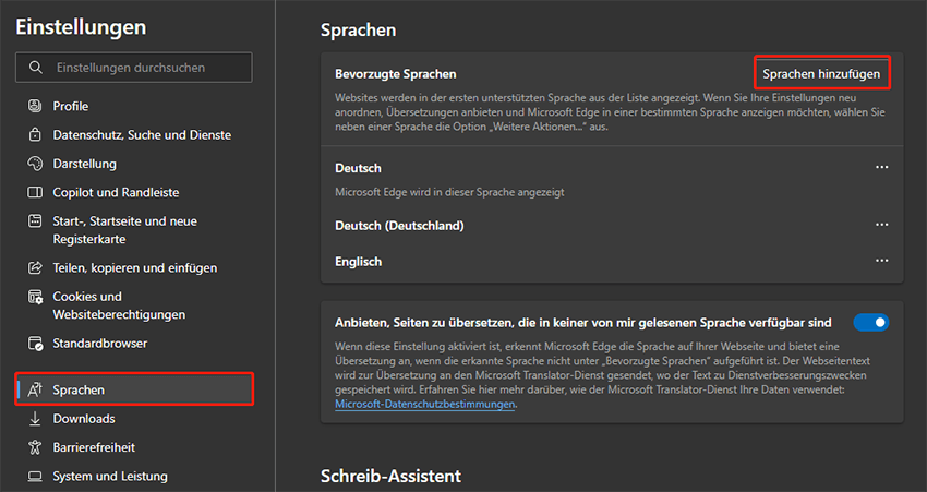 Wählen Sie Sprachen im linken Menü und klicken Sie auf Sprachen hinzufügen