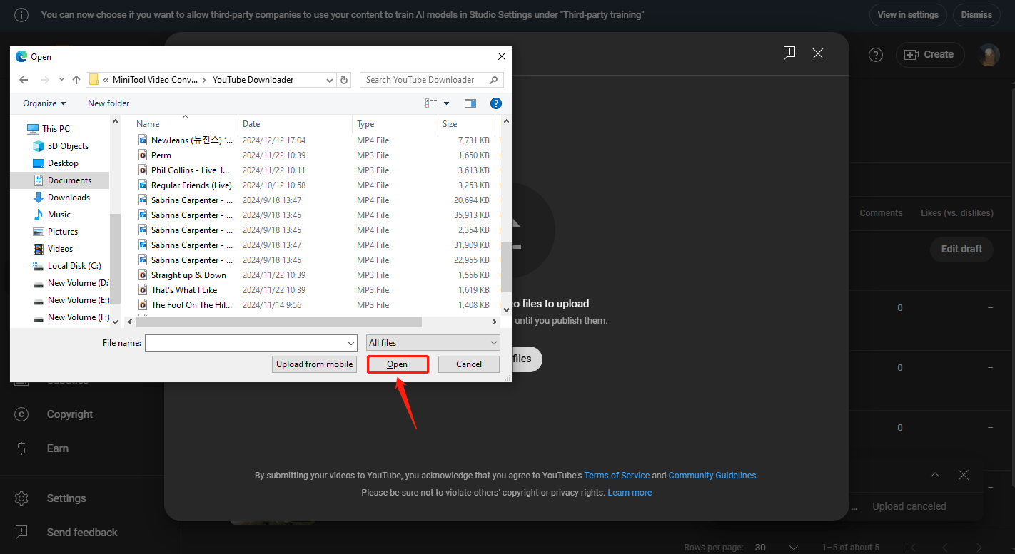 Select a file and click Open in the pop-up files window