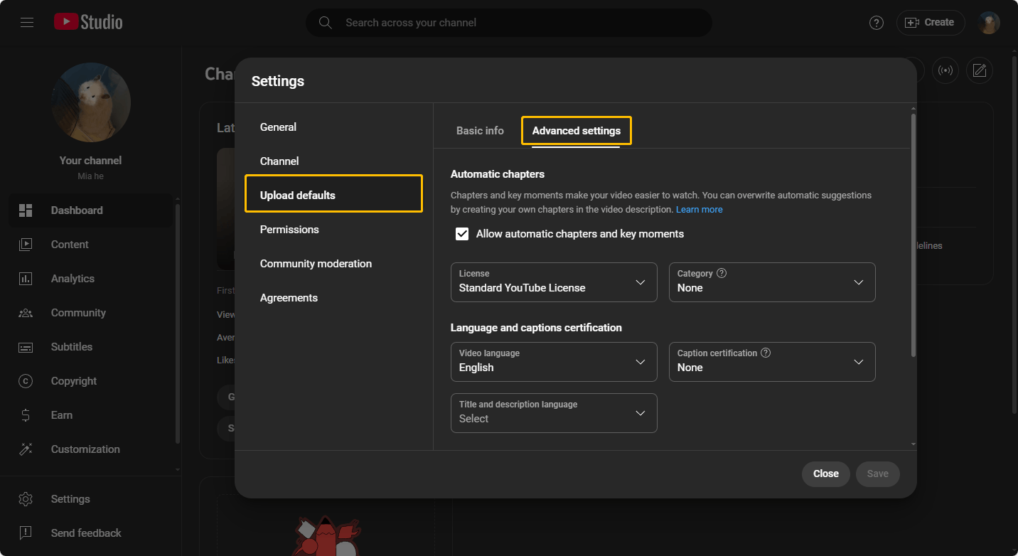 Click on Upload defaults and choose Advanced settings in the Settings window