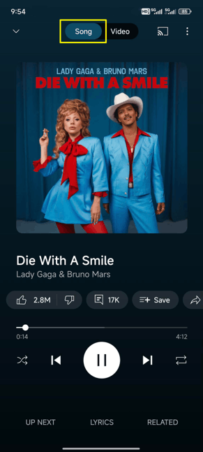 Listening to music in the Songs tab of the YouTube Music app