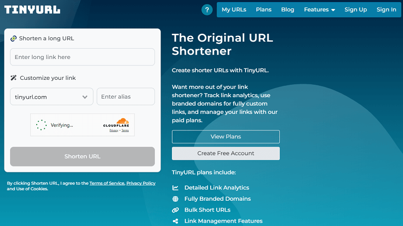 The official website of TinyURL on Chrome