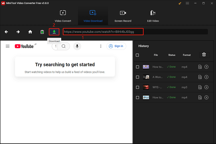 Paste the copied link into the address bar and click the Download icon in MiniTool Video Converter