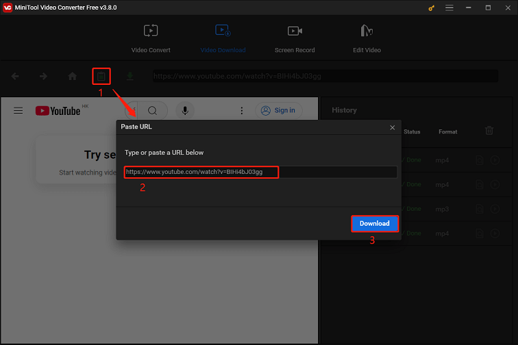 Click the Paste URL button, paste the YouTube link, and click Download to parse the link in MiniTool Video Converter