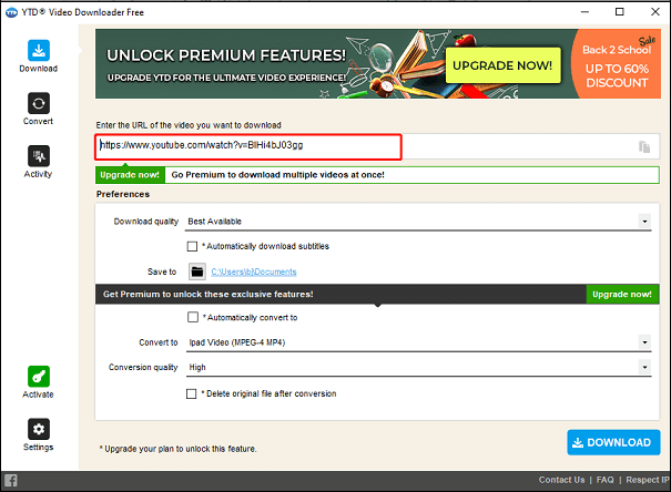 Paste the link into the Enter the URL of the video you want to download box of YTD Video Downloader