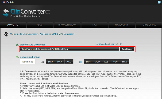 Paste the video URL into the Video URL to Download box and click on Continue in ClipConverter.cc