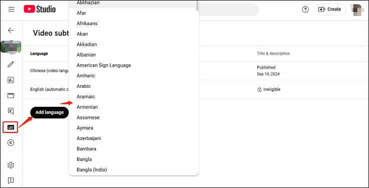 Navigate to Subtitles, click on Add language, and choose one of the languages