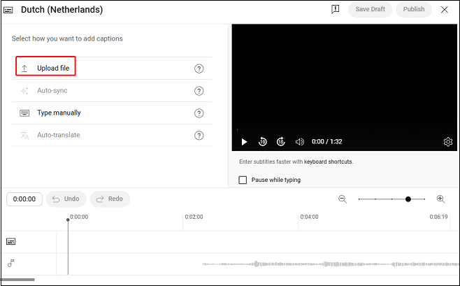 Click on Upload file to upload the prepared audio file