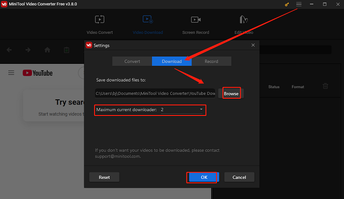 Go to Settings window to specify the saved position and number of maximum current downloaders in MiniTool Video Converter