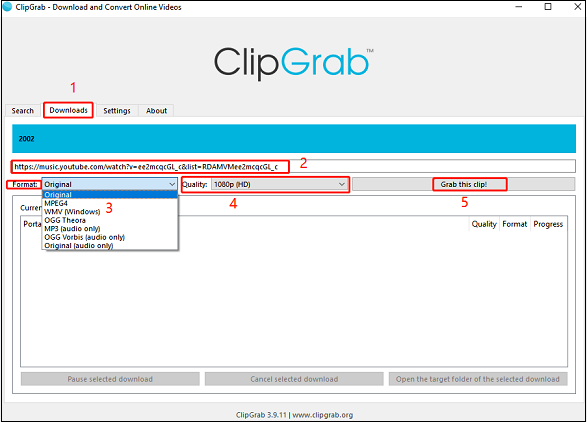 Navigate to Downloads, paste the copied link, choose format, and quality, and press Grab this clip