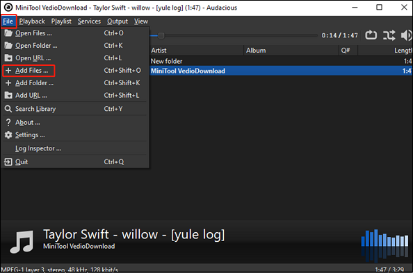 Click on Files > Add Files to import the downloaded YouTube Music song to Audacious