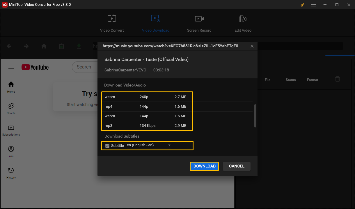 Choose output format, tick on the Subtitle option or not, and click DOWNLOAD