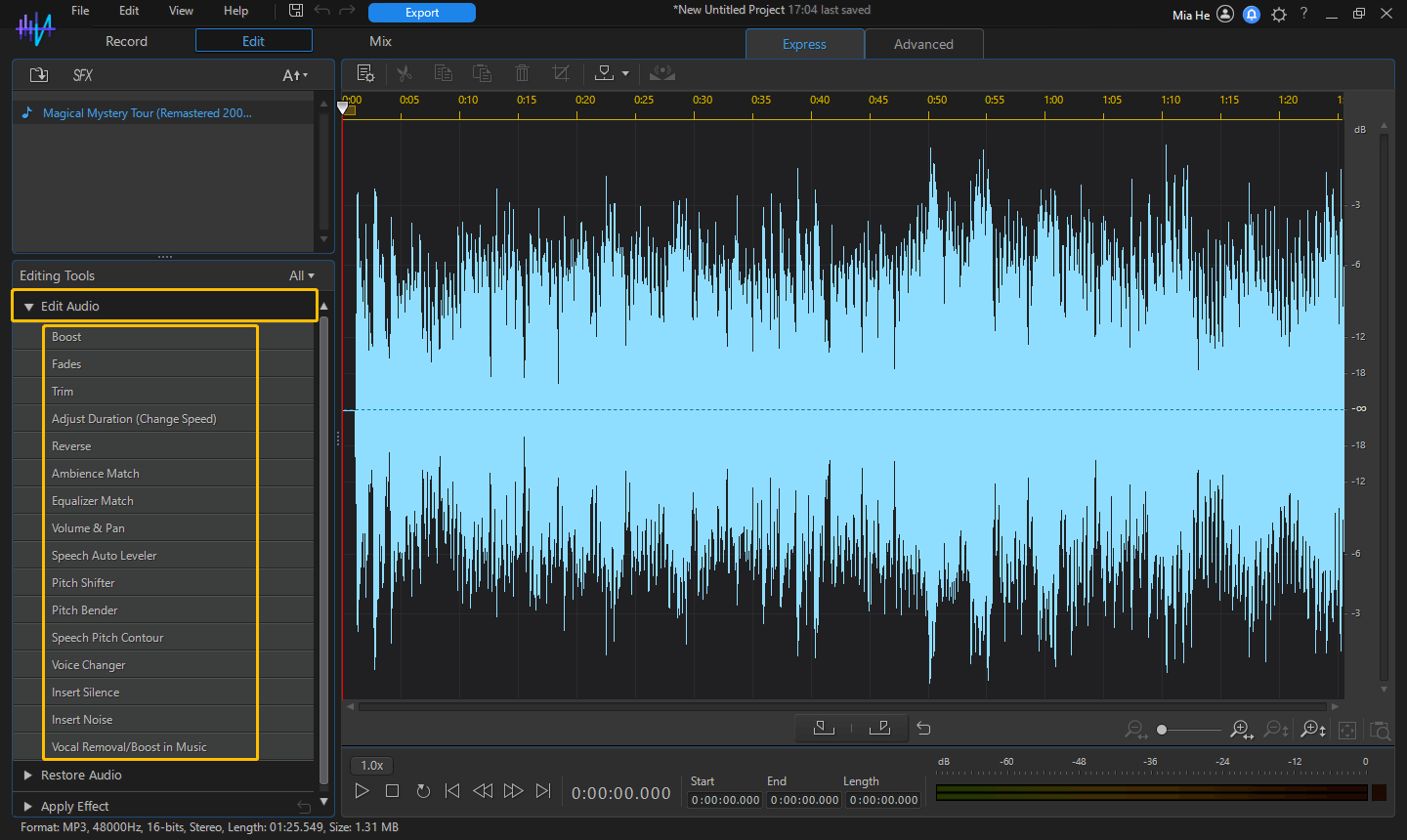 Select the options under the Edit Audio option to process the audio