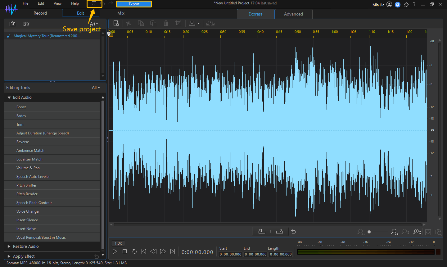 Click the Save project icon to save unfinished audio and click Export to export the edited audio
