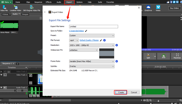 Click on Export, finish Export File Settings, and click on Create to save the video in VideoPad