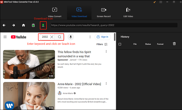 Type the keyword, click on the Search icon to find the wanted music, and press the Download icon in MiniTool Video Converter