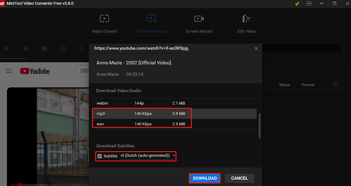 Choose an audio format, choose whether to download subtitles, and click on DOWNLOAD