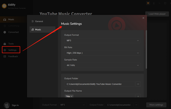 Click on Settings to customize music settings in Sidify YouTube Music Converter