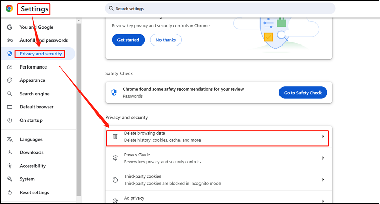 Click on three dots> Settings > Privacy and security > Delete browsing data in Google Chrome