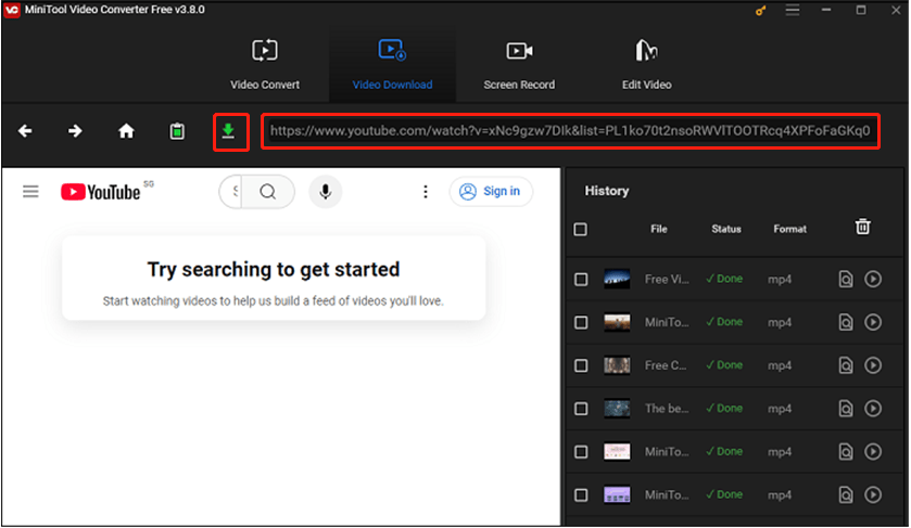 Paste the YouTube video link and click on Download to prepare for downloading videos in MiniTool Video Converter