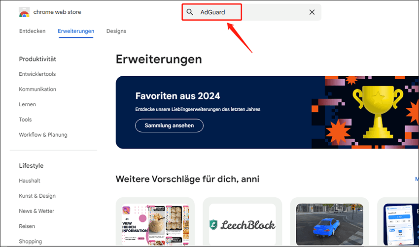 Geben Sie den Namen der Erweiterung in die Suchleiste ein