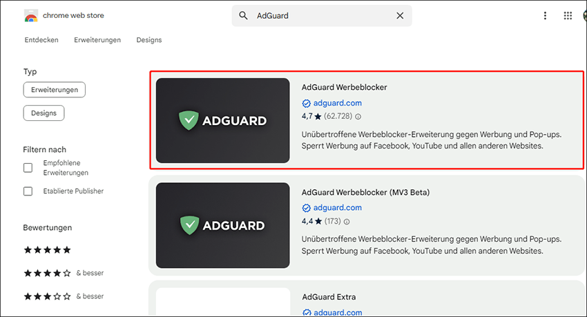 Finden Sie die richtige Erweiterung in den Suchergebnissen und klicken Sie darauf