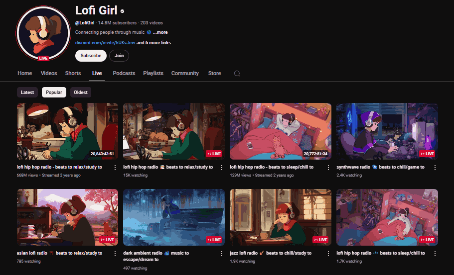 Lofi Girl’s channel page