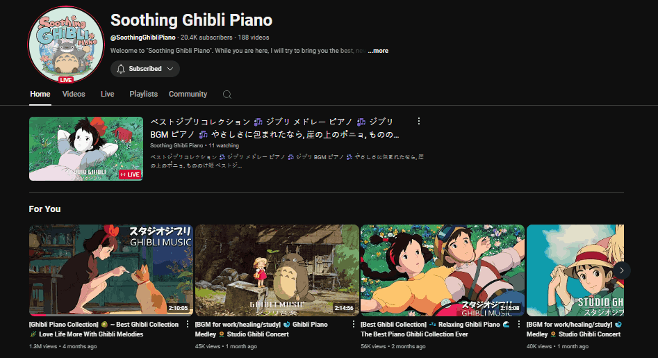 Soothing Ghibli Piano’s channel page