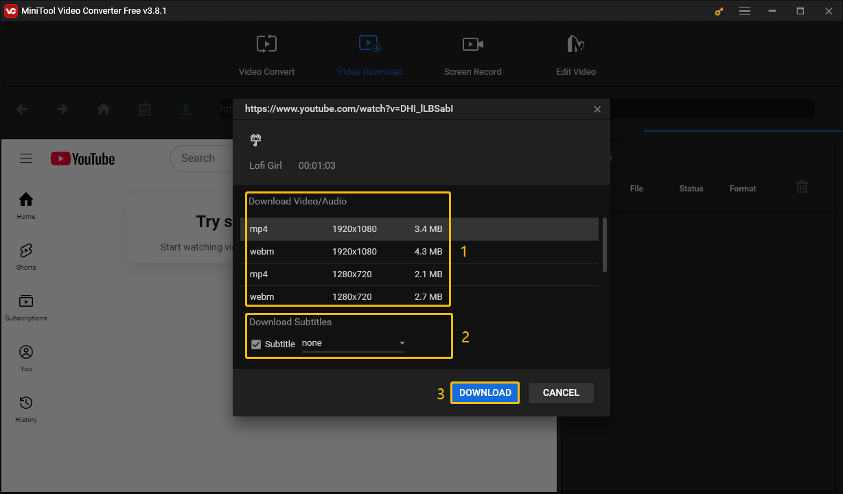 Choose the output format, whether to download subtitles, and click on DOWNLOAD