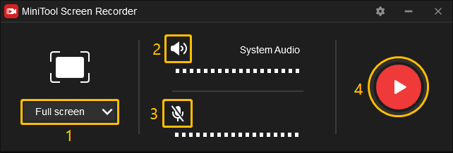 Select the recording area, whether to record system audio or microphone, and then click the record button