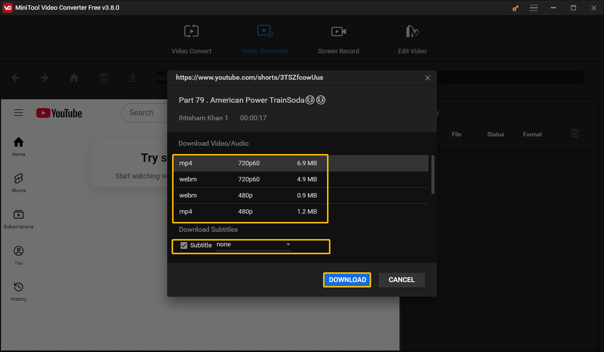 Choose an output format, choose whether to download YouTube subtitles, and click DOWNLOAD button