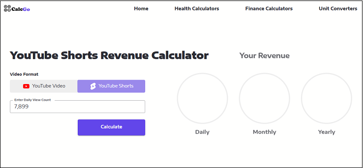 Use CalcGo to calculate YouTube Shorts earning