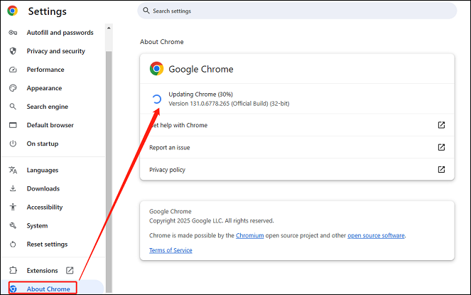 Click on 3-dot, Settings, and About Chrome to check for updates in your browser