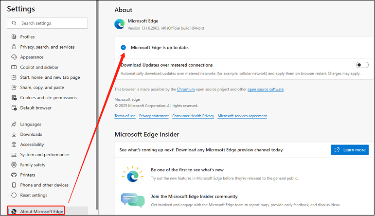 Update Microsoft Edge in Settings