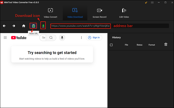 Paste the video URL or click on Paste URL and click on Download in MiniTool Video Converter