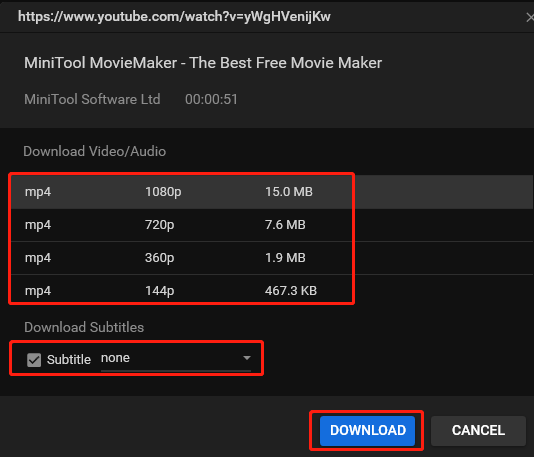 Choose output format, choose if to download subtitles, and click on Download in MiniTool Video Converter